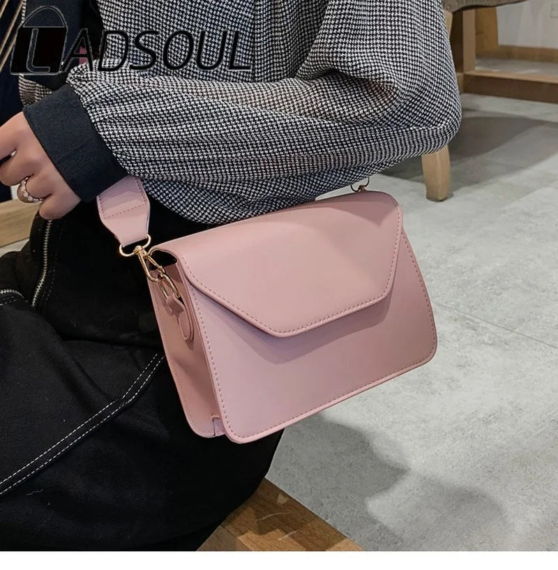 LADSOUL Small Square Bag Wide Shoulder Strap PU Leather Casual Solid
