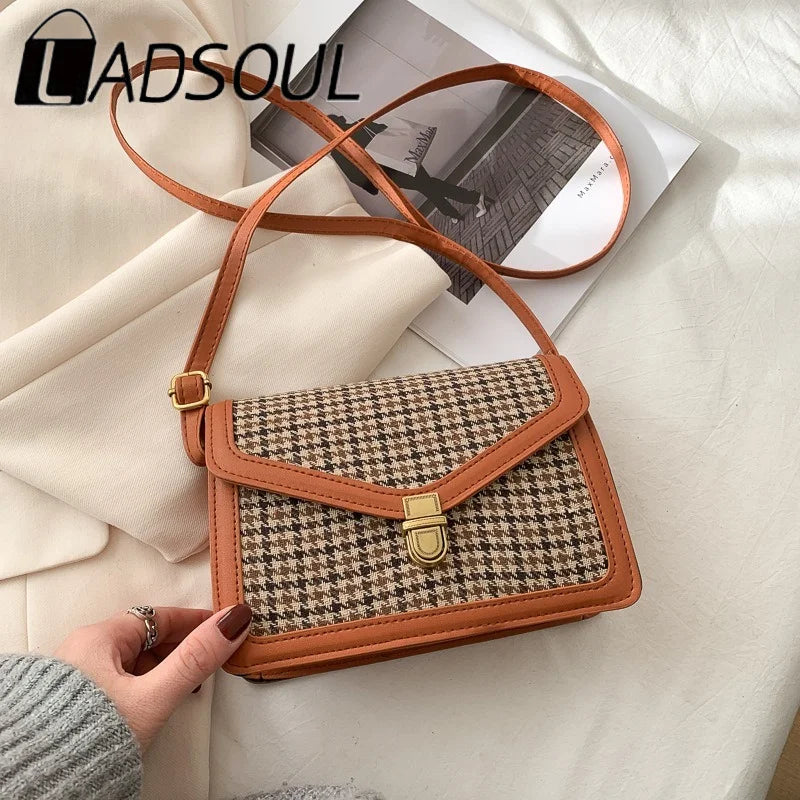 LADSOUL Solid PU Leather Crossbody Bag Retro Chain Shoulder Messenger