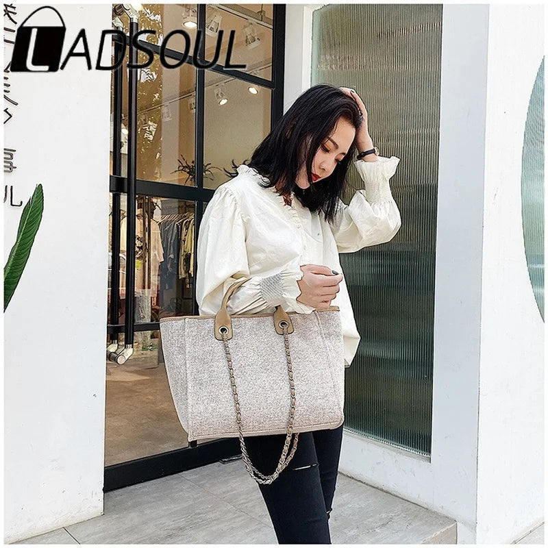 LADSOUL Women Tote Bag Canvas Handbag Chains Shoulder Bags Ladies Messenger Bag