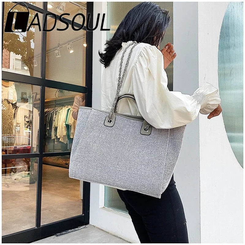 LADSOUL Women Tote Bag Canvas Handbag Chains Shoulder Bags Ladies Messenger Bag
