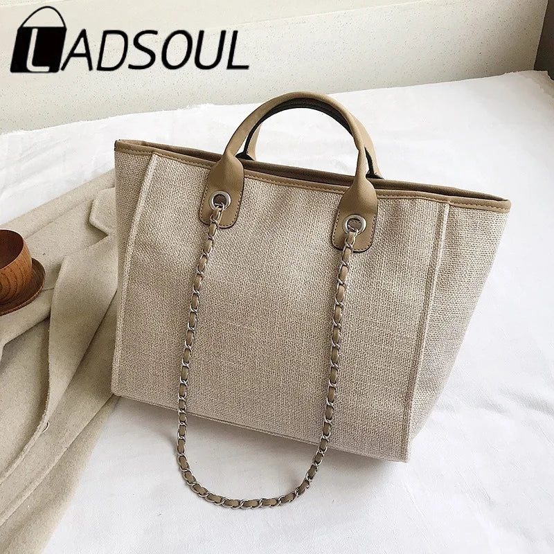 LADSOUL Women Tote Bag Canvas Handbag Chains Shoulder Bags Ladies Messenger Bag