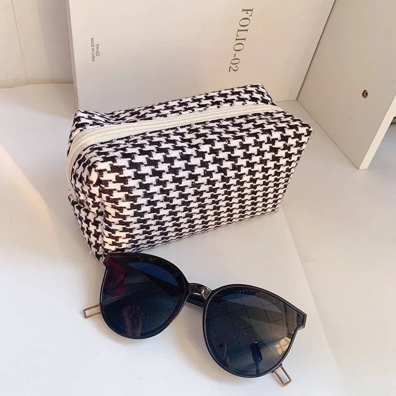 Houndstooth Cosmetic Bag Toiletry Handbag Large-capacity Makeup Organizer