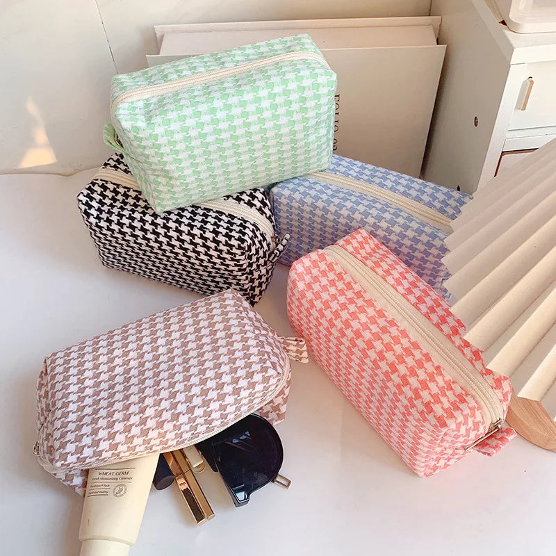 Houndstooth Cosmetic Bag Toiletry Handbag Large-capacity Makeup Organizer