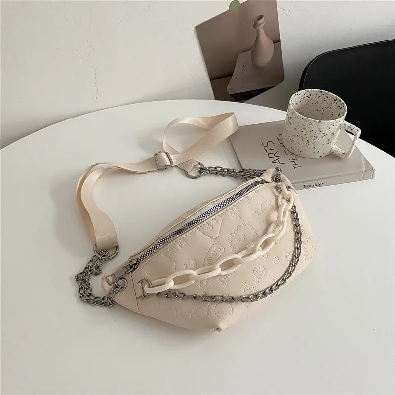 Women's Cartoon Embossed Leather Waist Bag Mini Crossbody Handbag Fanny Pack