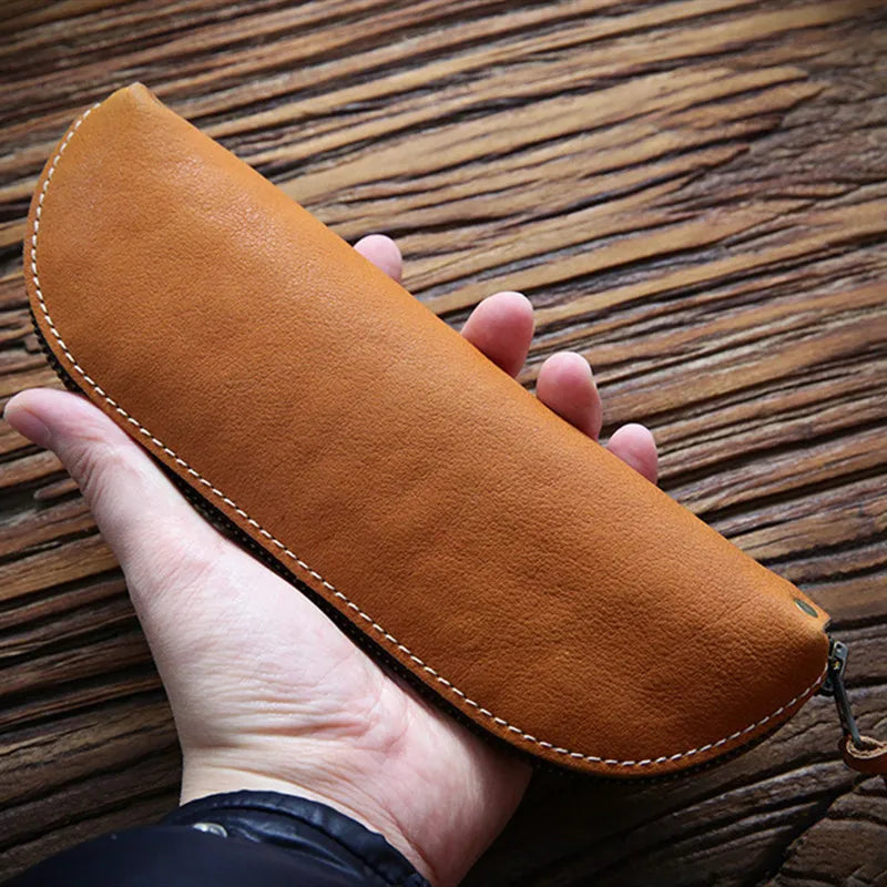 Vintage Leather Pencil Bag Big Capacity Zipper Pen Case