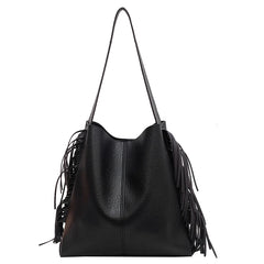 Vintage Solid Crossbody Bucket Handbag with Tassels