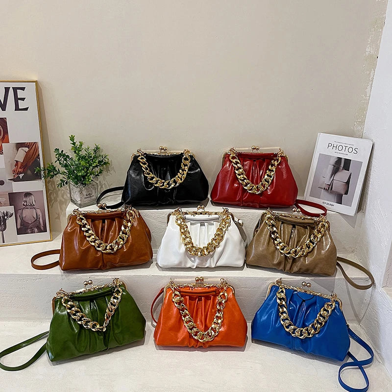 Thick Chain Pleated Shell Crossbody Bags Soft PU Leather Women Handbag