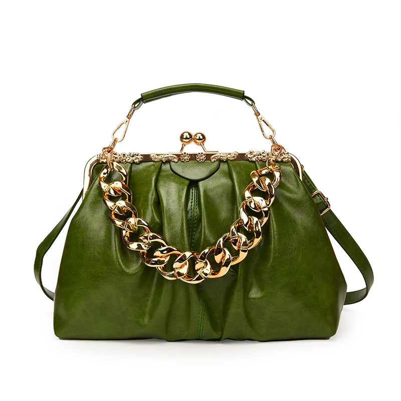 Thick Chain Pleated Shell Crossbody Bags Soft PU Leather Women Handbag