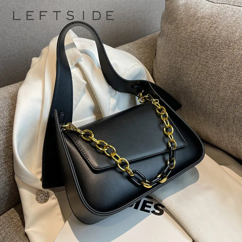 LEFTSIDE Vintage Saddle Crossbody Bag PU Leather Chain Solid Shoulder Handbag