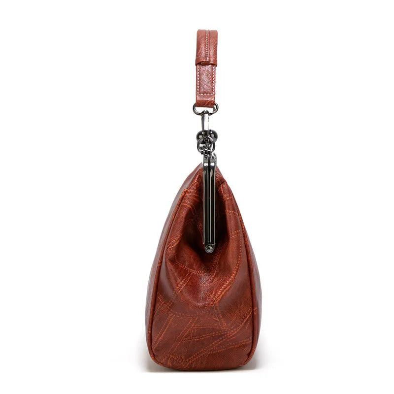 Retro Style Oil Leather Handbag Metal Frame Tote Shoulder Bags