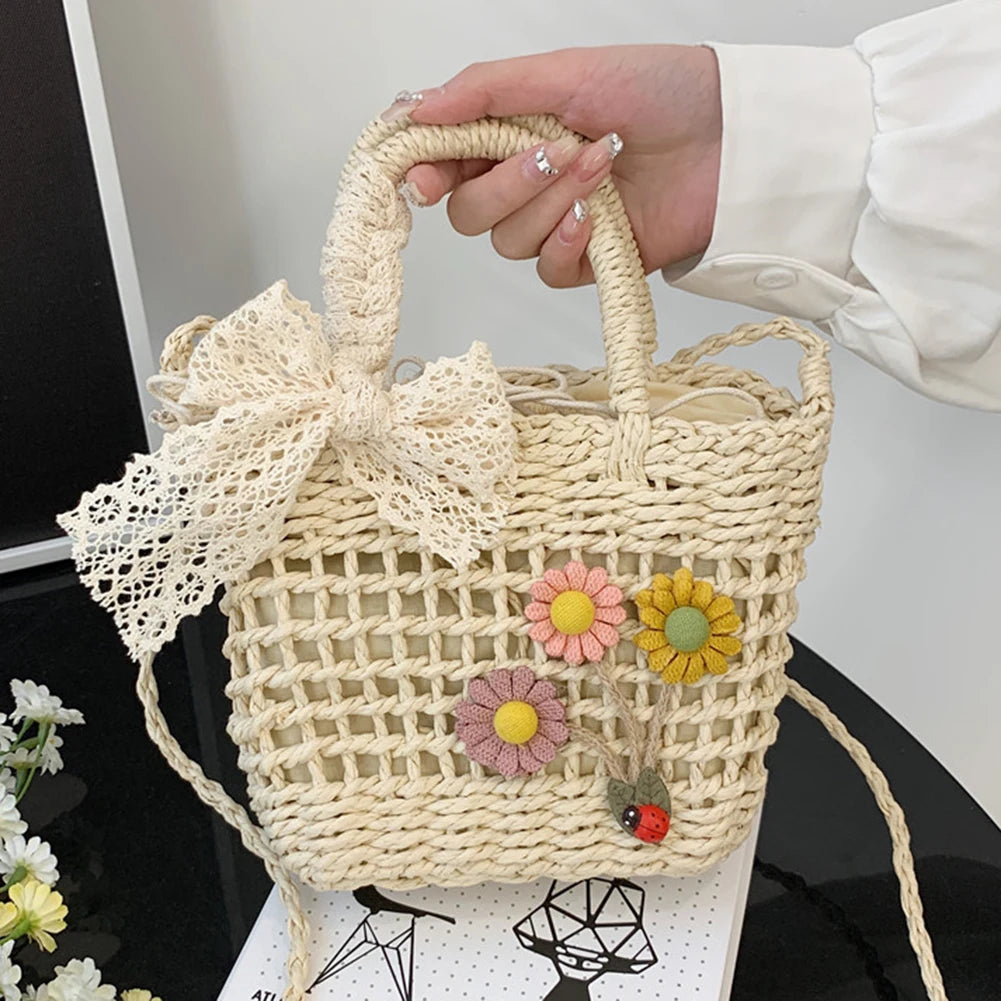 Straw Handbag Lace Bow Flower Shoulder Bag Women Messenger Purse