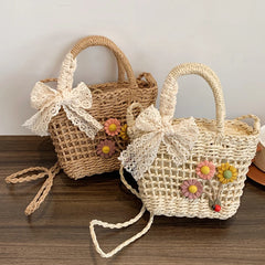 Straw Handbag Lace Bow Flower Shoulder Bag Women Messenger Purse