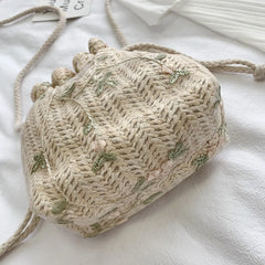 Straw Small Drawstring Crossbody Bags with Lace Flower Decor