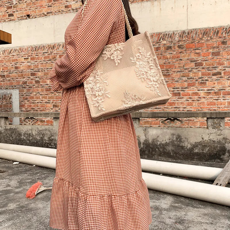 Embroidered Hollow Out Lace Tote Bag Women Shoulder Bag