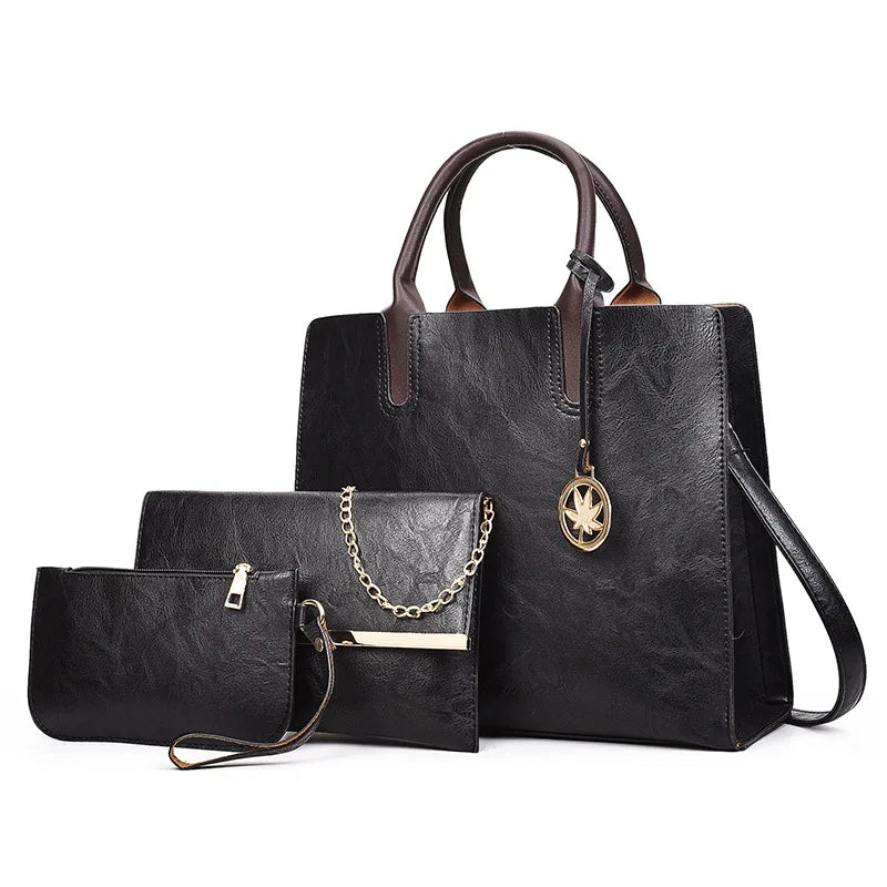 Women's Retro PU Leather Tote Shoulder Bag 3 Pcs Set Handbags