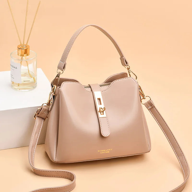 Spring Soft Leather Bucket Bag Lock Single Shoulder Messenger Bag