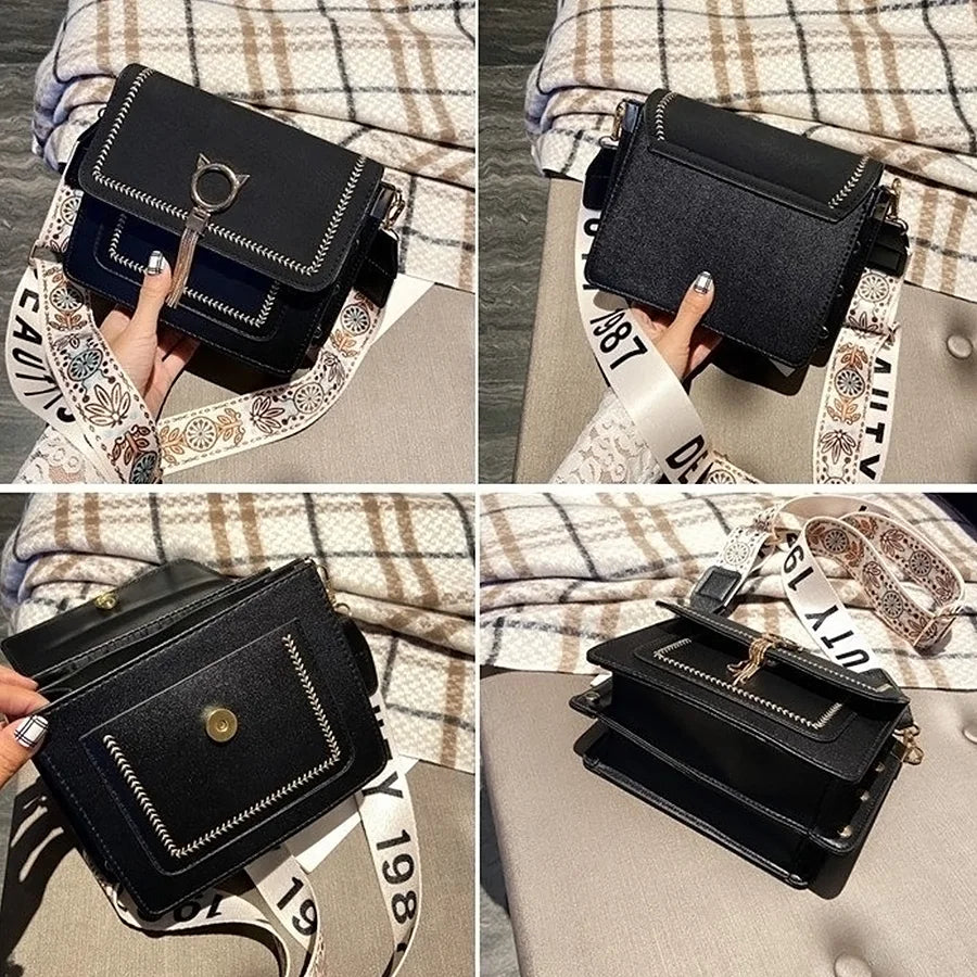 Women's Broadband Shoulder Small Square Bags Cat Tassel Messenger Bag