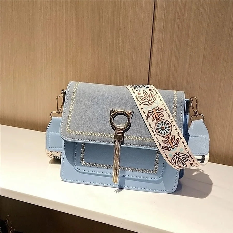 Women's Broadband Shoulder Small Square Bags Cat Tassel Messenger Bag