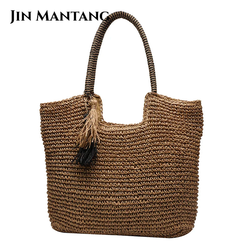 Women's Big Straw Tassel Side Bag - Summer Shoulder Handbag