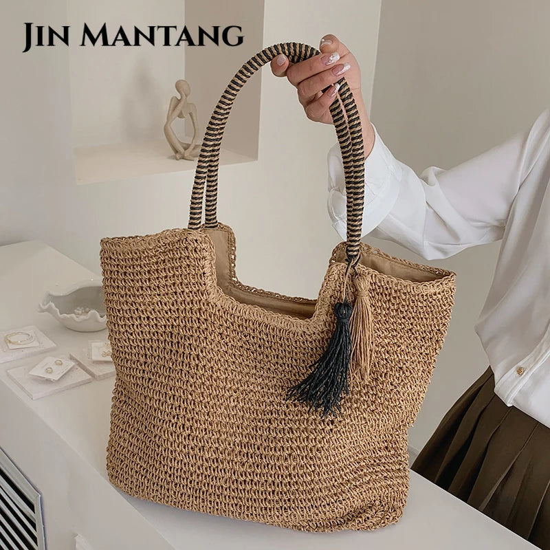 Women's Big Straw Tassel Side Bag - Summer Shoulder Handbag