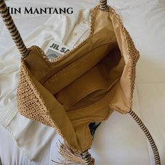 Women's Big Straw Tassel Side Bag - Summer Shoulder Handbag
