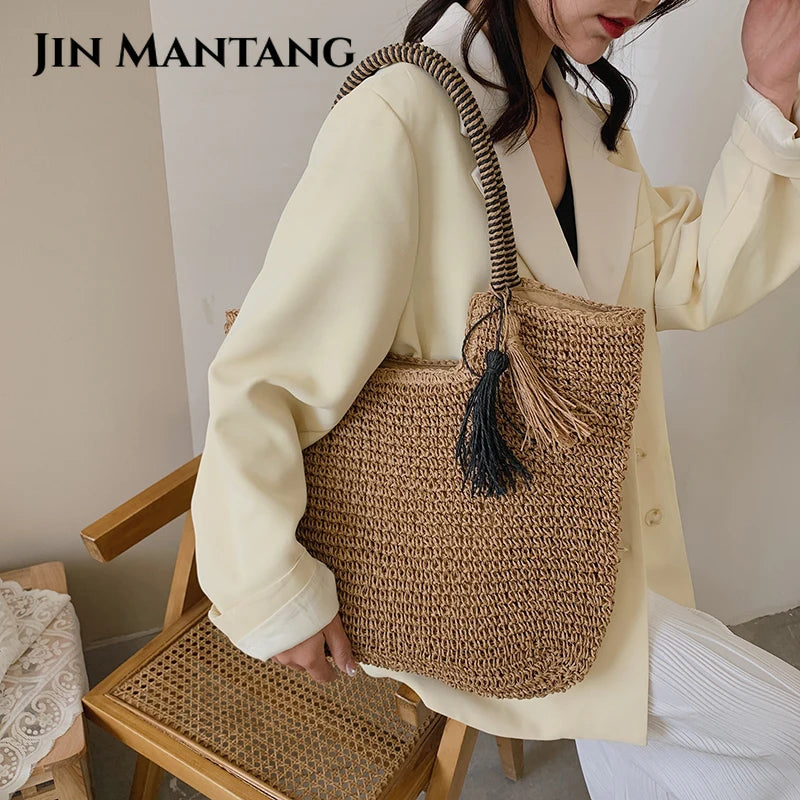 Women's Big Straw Tassel Side Bag - Summer Shoulder Handbag
