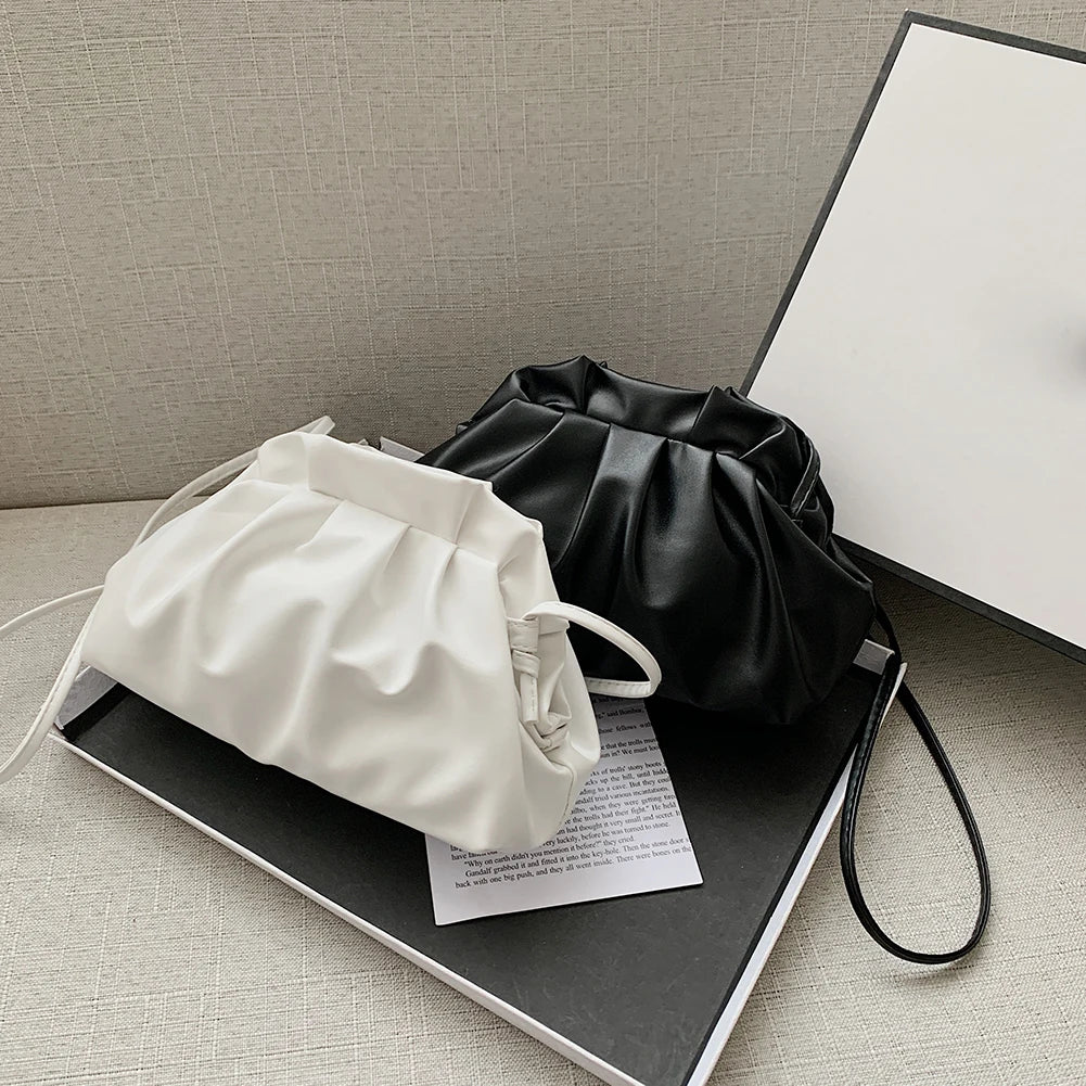 Pleated Hobos Single Shoulder Bag Soft PU Clip Purse Solid Handbag