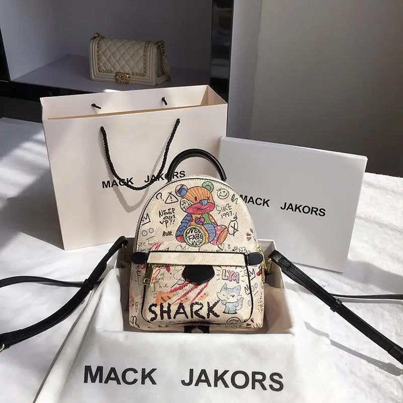 Women's PU Leather Mini Backpack Cartoon Shoulder Bag Multi-Function Small Bagpa