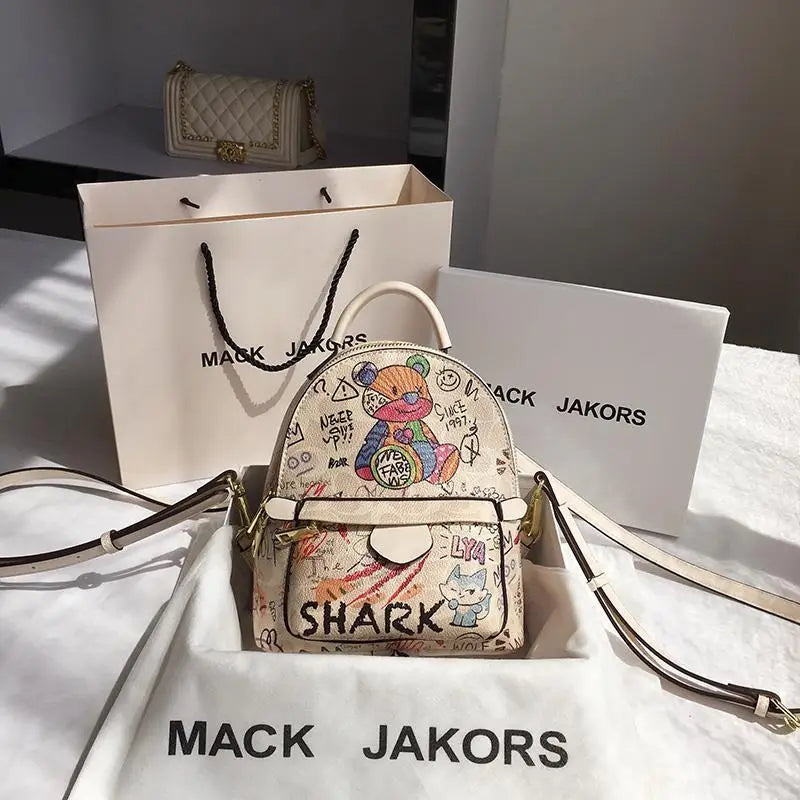 Women's PU Leather Mini Backpack Cartoon Shoulder Bag Multi-Function Small Bagpa