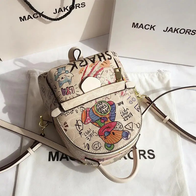 Women's PU Leather Mini Backpack Cartoon Shoulder Bag Multi-Function Small Bagpa