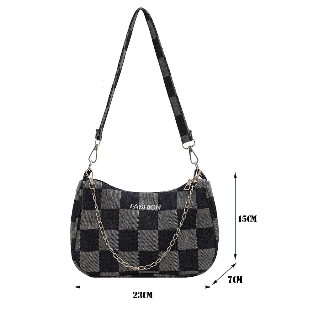 Denim Plaid Pattern Shoulder Bag Chain Handbag Women Girls Shopping