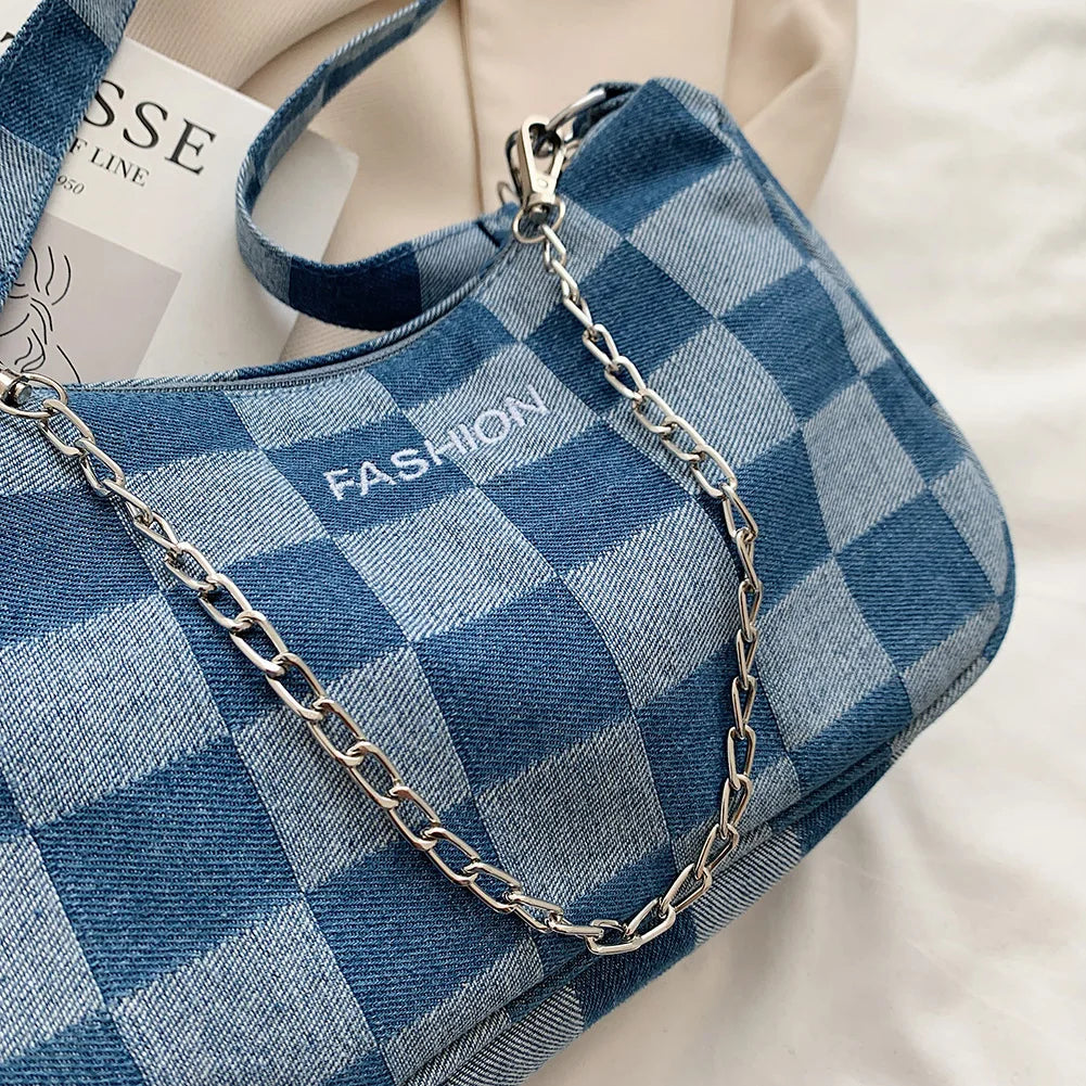 Denim Plaid Pattern Shoulder Bag Chain Handbag Women Girls Shopping
