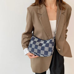 Denim Plaid Pattern Shoulder Bag Chain Handbag Women Girls Shopping