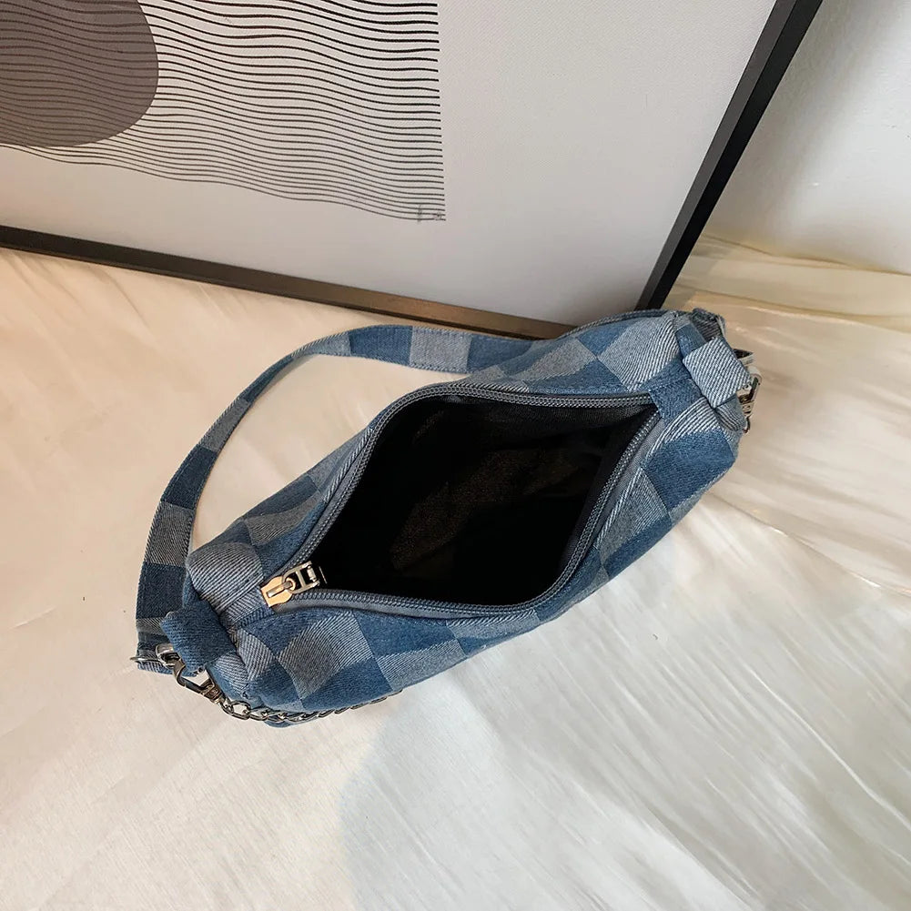 Denim Plaid Pattern Shoulder Bag Chain Handbag Women Girls Shopping