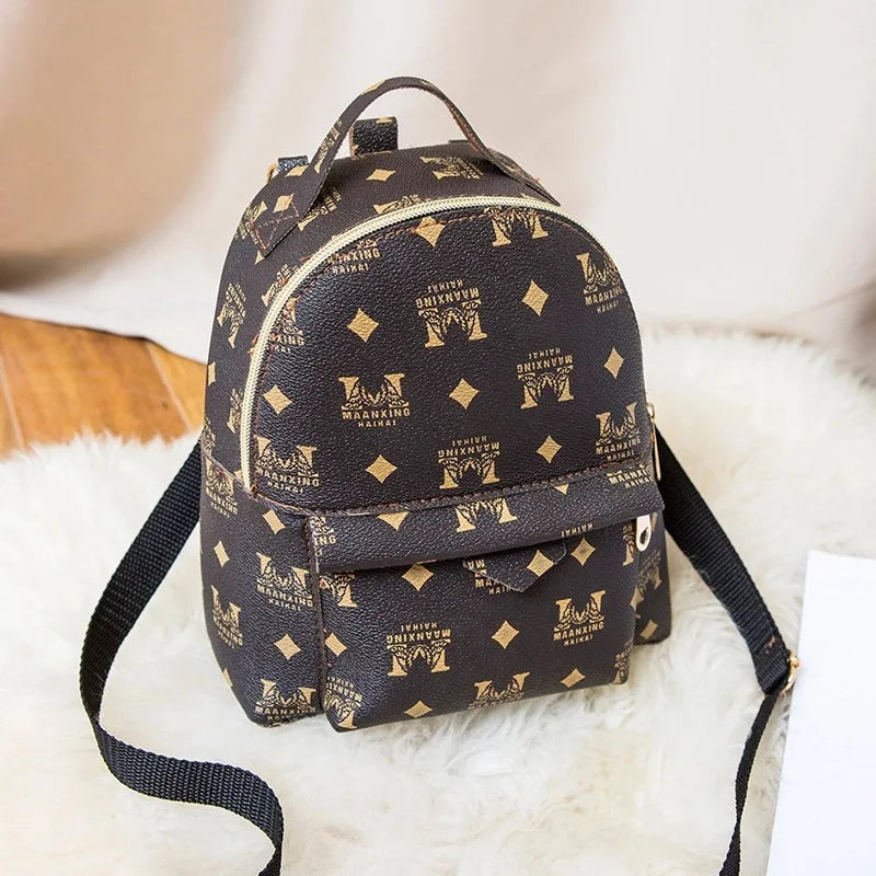 Printed Waterproof Zipper Leather Backpack Student Messenger School Bag