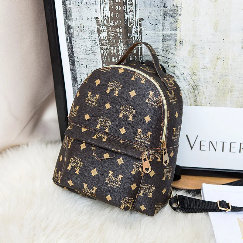 Printed Waterproof Zipper Leather Backpack Student Messenger School Bag