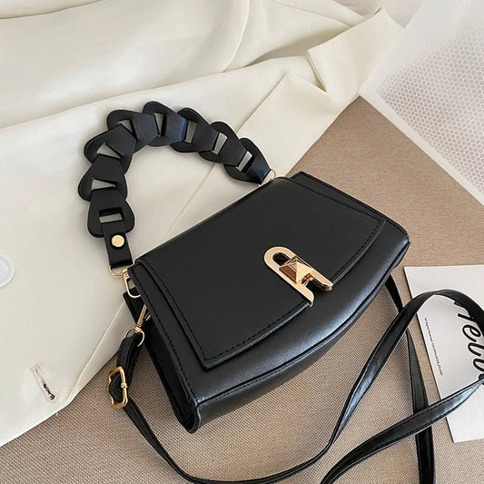 Retro Woven Lock Buckle Shoulder Handbag with Detachable Strap