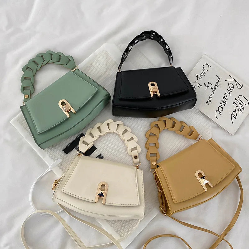 Retro Woven Lock Buckle Shoulder Handbag with Detachable Strap