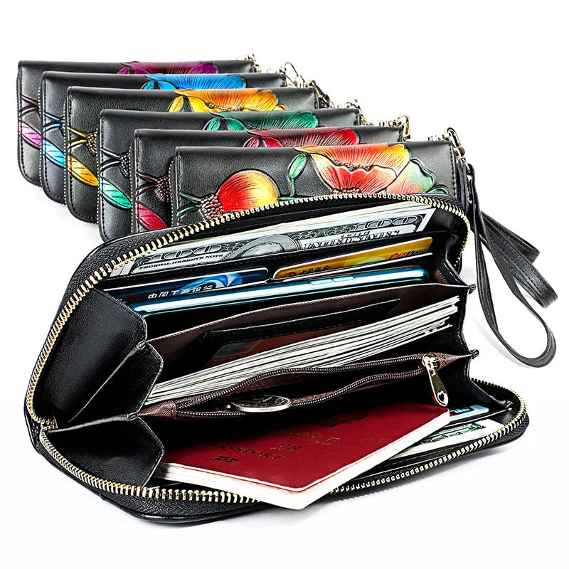 Leather Wallet RFID Embossing Flower Purse Clutch Bag Long Mobile Phone Bag