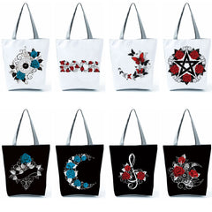 Red Rose Musical Note Print Tote Floral Women Handbags