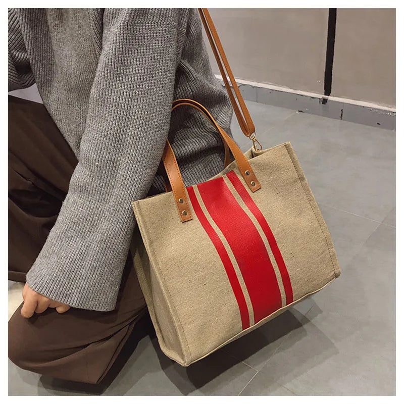 Ladies Canvas Business Commuter Shoulder Bag Stripe Hit Briefcase