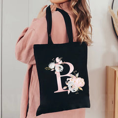 Floral Letters Canvas Tote Bag Eco Reusable Shopper Bags