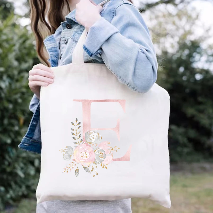 Floral Letters Canvas Tote Bag Eco Reusable Shopper Bags