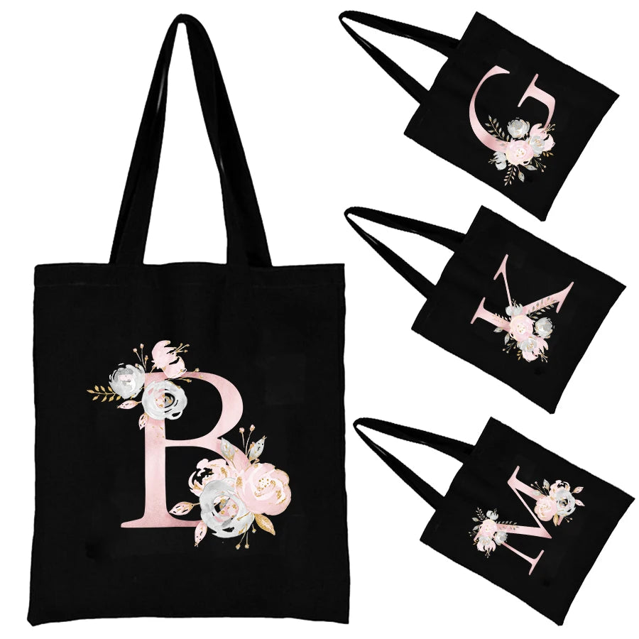 Floral Letters Canvas Tote Bag Eco Reusable Shopper Bags