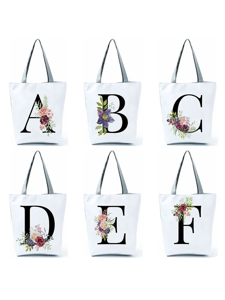 Floral Letters Pattern Tote Bag Eco Reusable Shoulder Bag