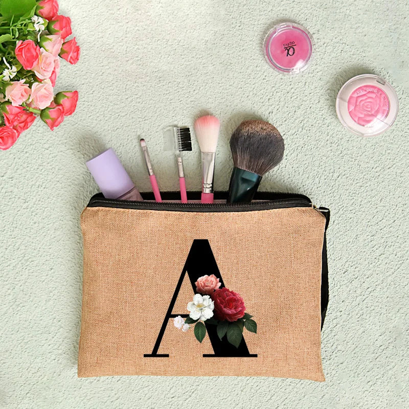 Linen Clutch Bag Letter Print Travel Cosmetic Case Makeup Bags