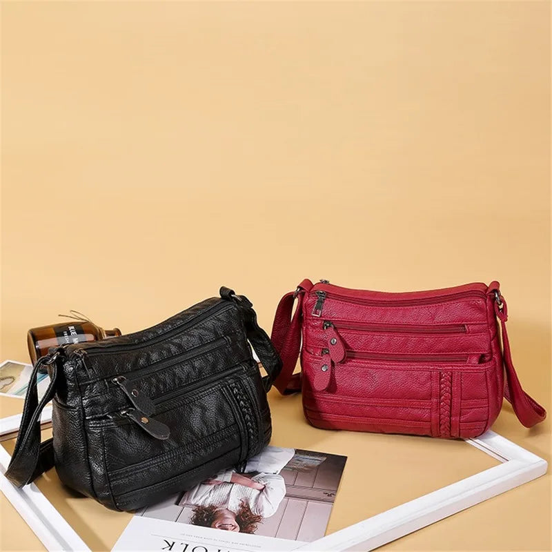 Women's Multi-pocket Messenger Bag Soft PU Leather Shoulder Bag