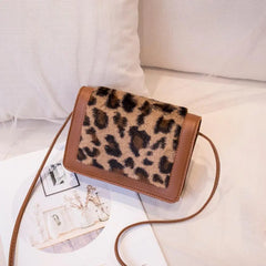 Leopard Print Rabbit Fur Phone Pouch Crossbody Bag