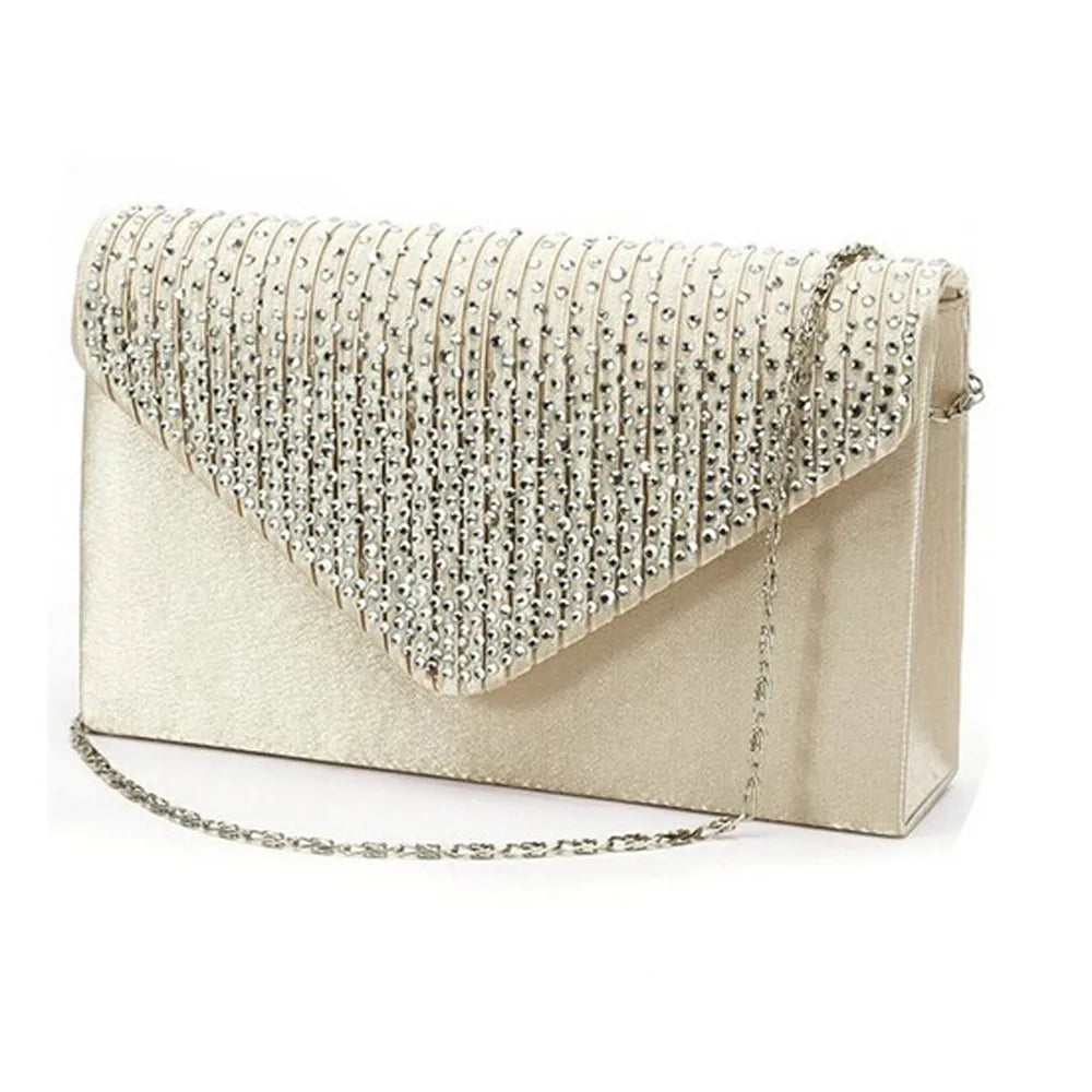 Ladies Satin Clutches Crystal Bling Handbags Wedding Party Purse