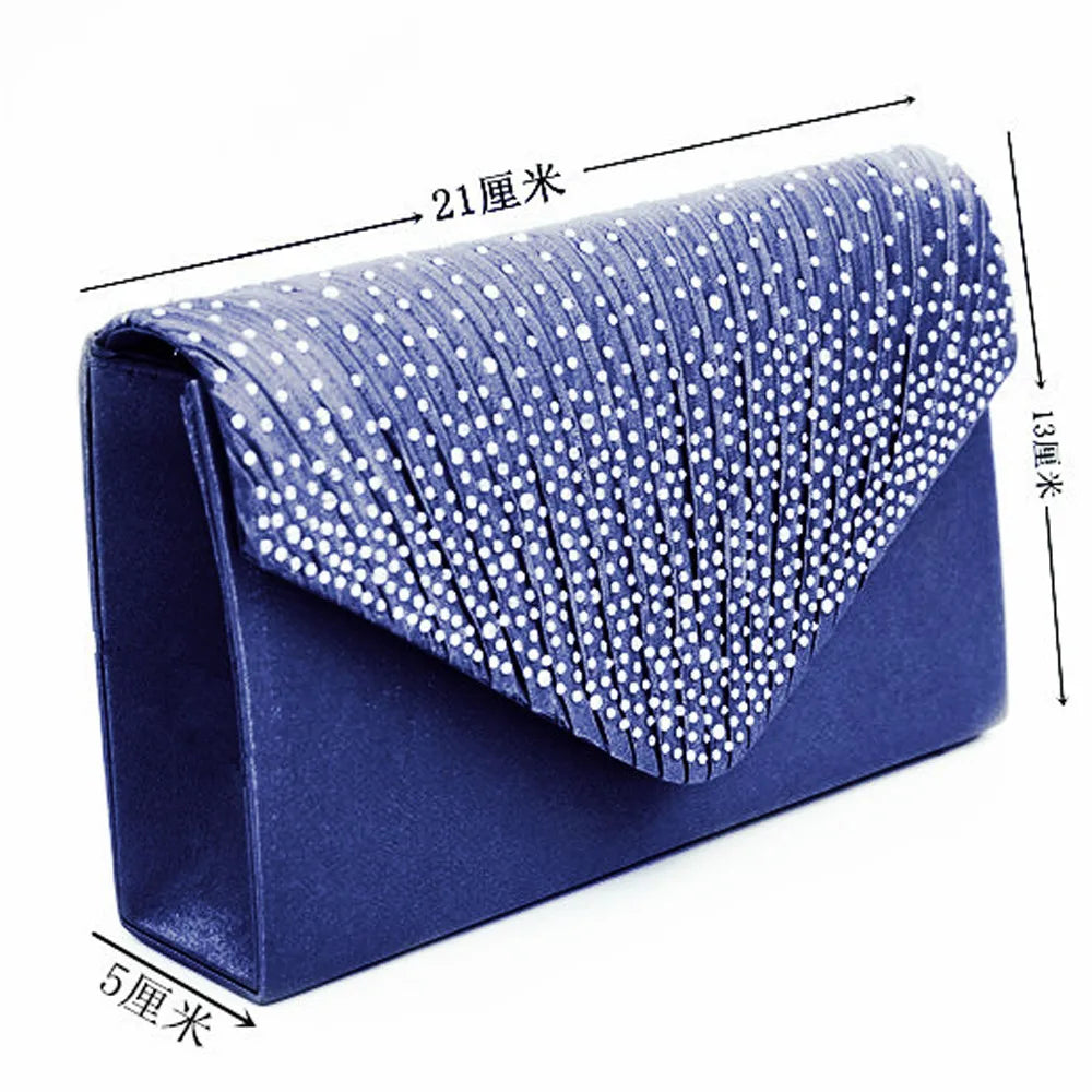 Ladies Satin Clutches Crystal Bling Handbags Wedding Party Purse